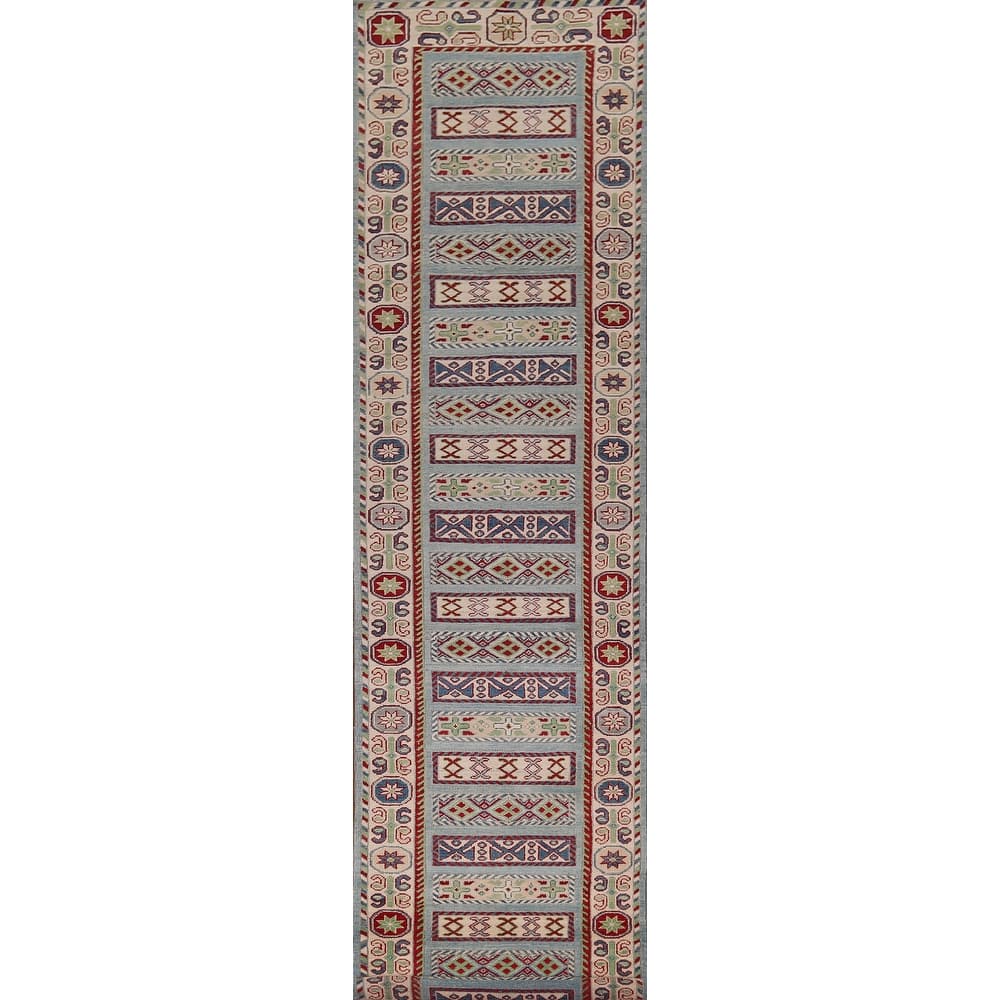 Geometric Blue Kazak Oriental Runner Rug Hand-Knotted Wool Carpet - 3'2" x 16'1"