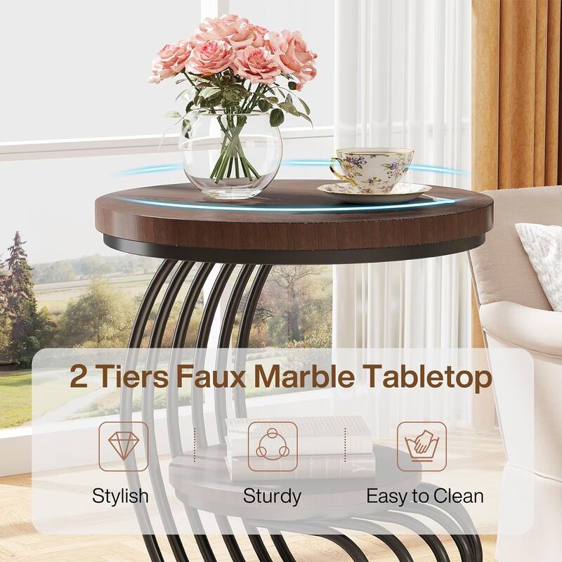2 Tiers Faux Marble Side Table with Storage Shelf