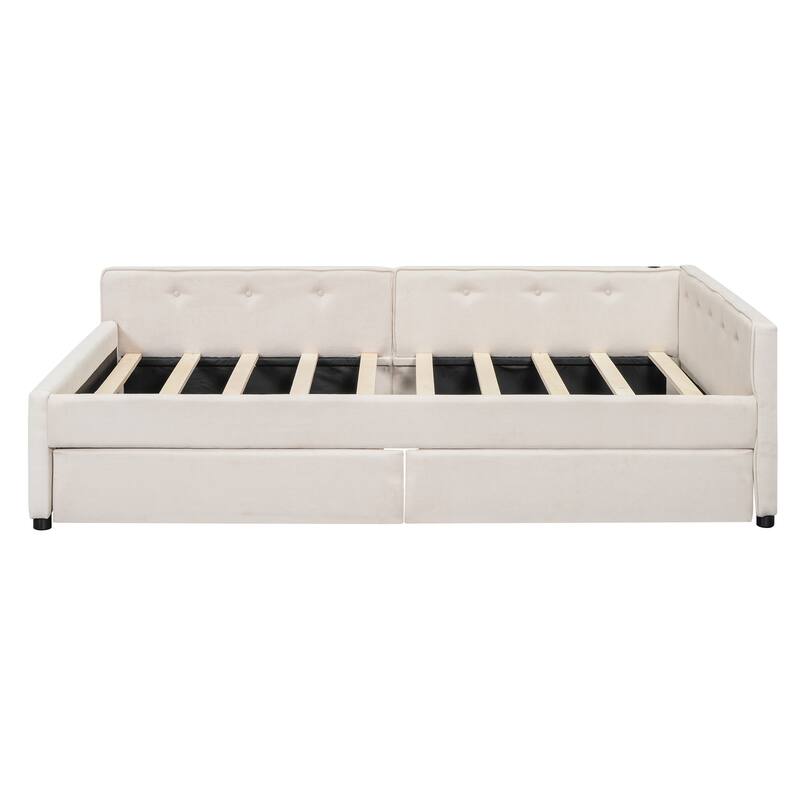 Beige Upholstered Daybed Platform Bed with 2 Storage Drawers Underbed, USB Charging, Linen Fabric, Wood Slat Daybed Frame