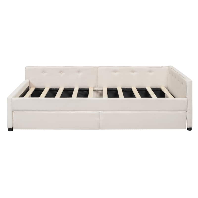 Modern Upholstered Bed with USB and 2 Drawers