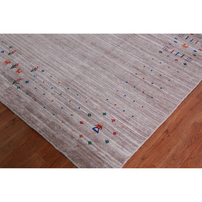 Hand Knotted Oriental Viscose Silk Carpet Tribal Stripe Greys & Charcoal Gabbeh Area Rug - 12' 5'' X 9' 3''