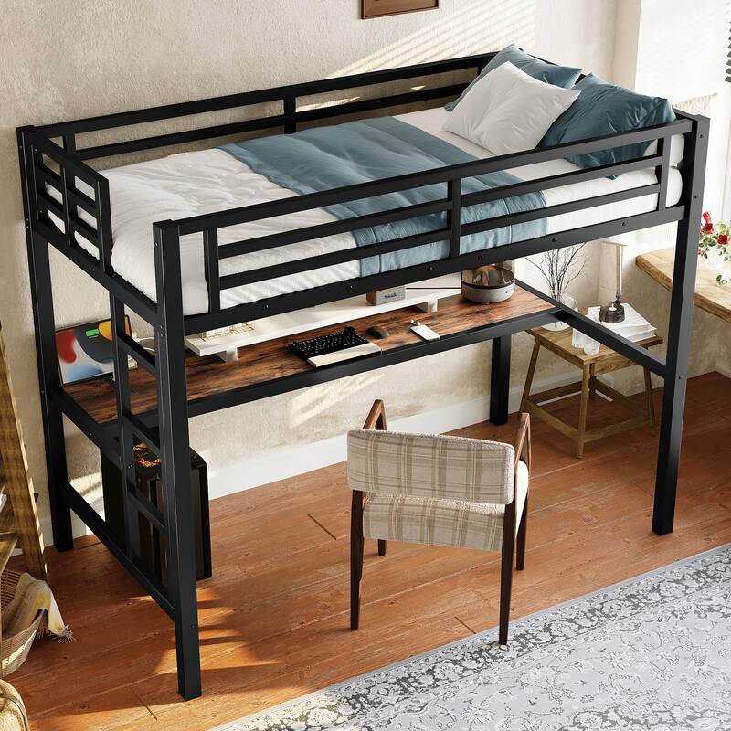 Metal Twin Size Loft Bed with Desk, LED Lights and Charging Station