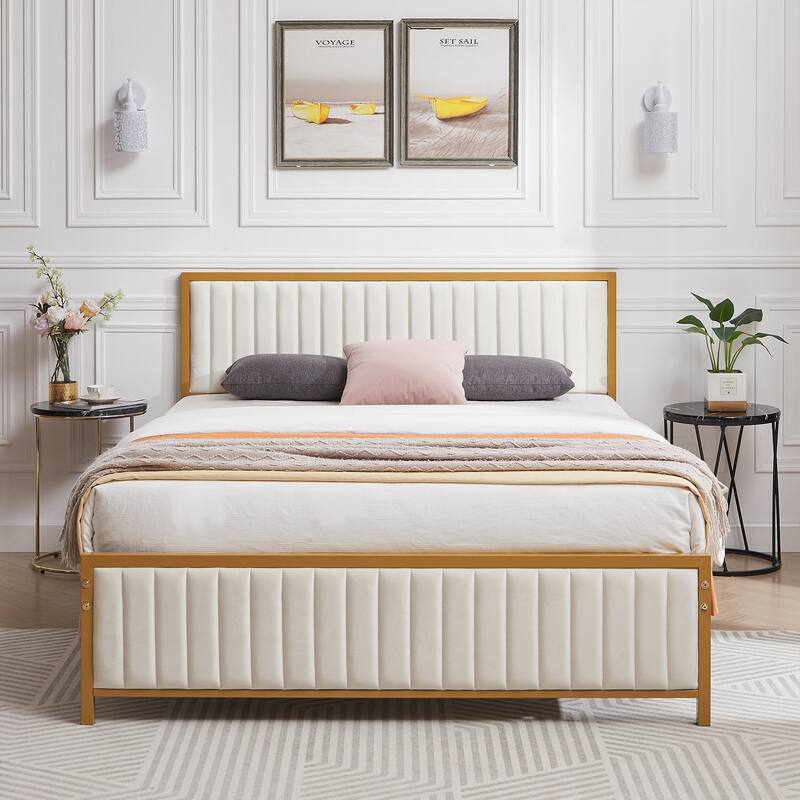 Javlergo Bed Frames with Upholstered Tufted Headboard and Footboard, Heavy Duty Steel Slats Platform, No Box Spring Needed - Beige - Queen
