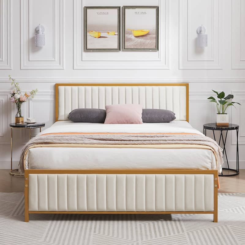 VECELO Upholstered Bed Frame with Tufted Headboard & Footboard, Heavy Duty Steel Slats Platform, No Box Spring Needed