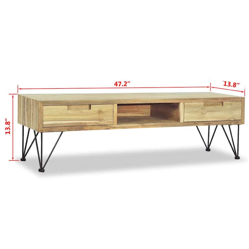 TV Stand Media Cabinet, Natural Teak Wood and Wrought Iron, 47 Inch