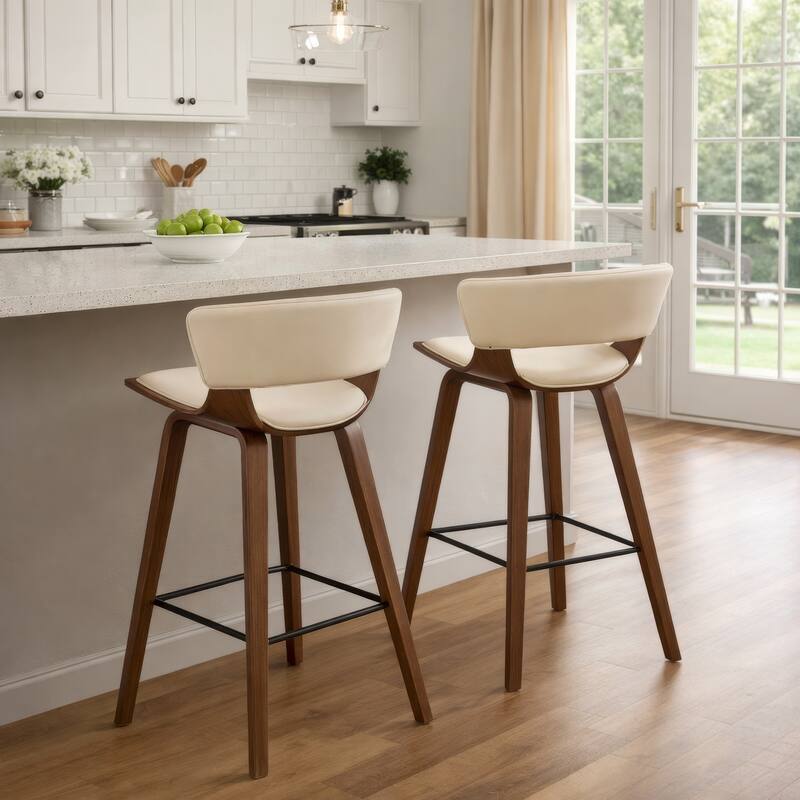 27 Inches Saddle Seat Leatherette Counter Stool, Cream and Brown