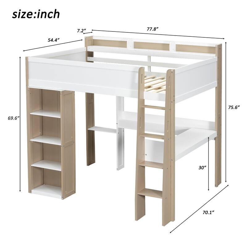 Full Size Wooden Loft Bed Frame with Built-in Storage Shelves, Open Cabinets, Clothes Rails and L-shape Desk