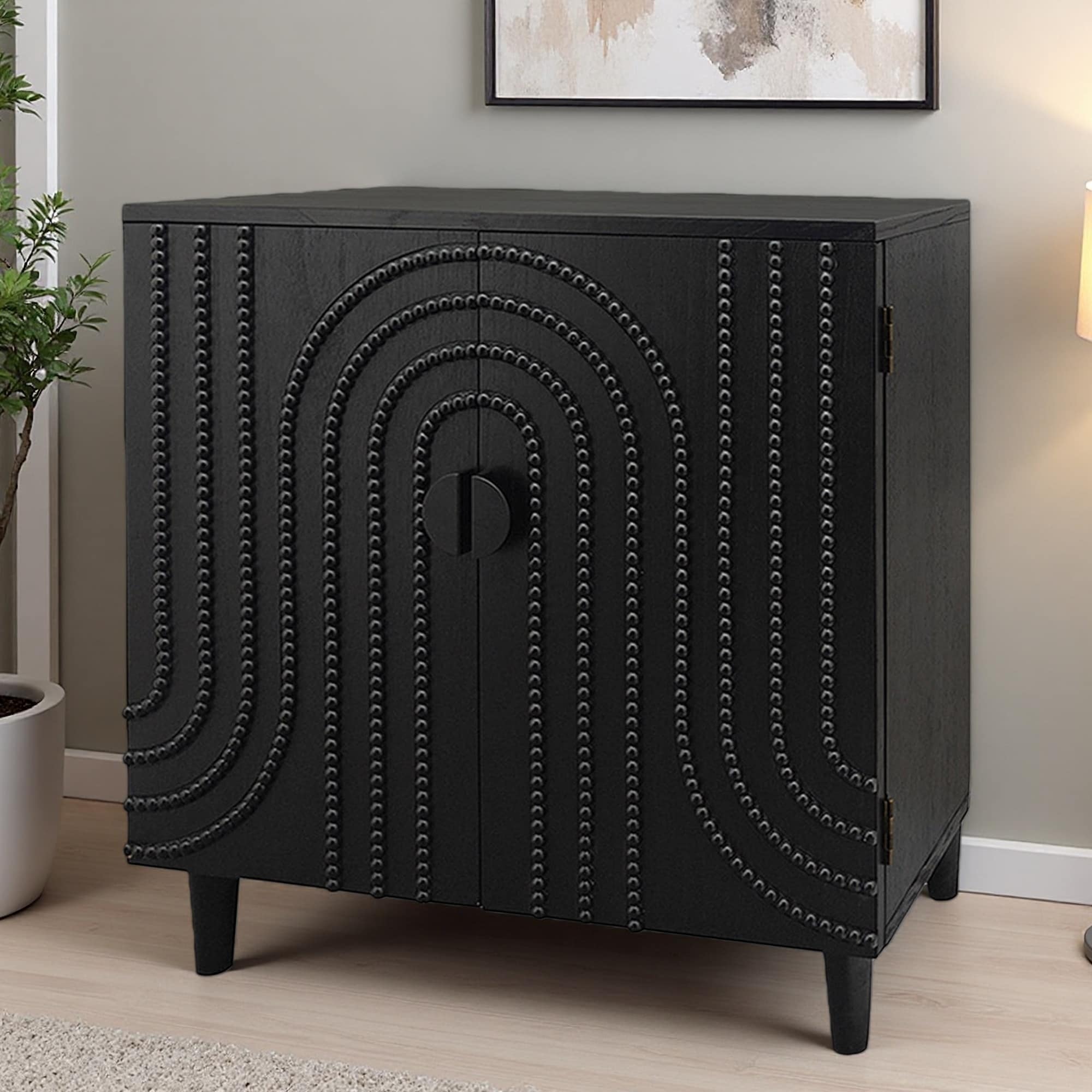 30" Modern Wood Storage Cabinet with Decorative Embossed Door, 2-Shelf Accent Sideboard for Living Room, Bedroom, or Entryway
