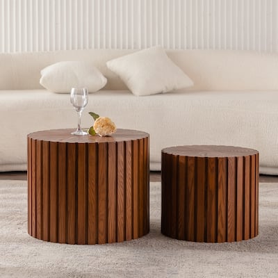 Modern Round Wooden Coffee Table Stylish Coffee Table with Handmade Relief and Foot Pads, for Living Room