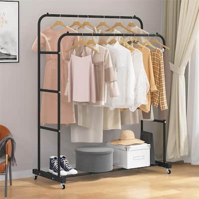 Double Rods Clothing Rack with Wheels - 17.32"D x 44.09"W x 52.36"H