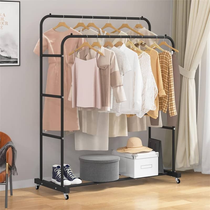 Double Rods Clothing Rack with Wheels - 17.32"D x 44.09"W x 52.36"H