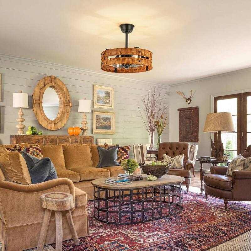 4-Light Farmhouse Brown and Black Woven Rattan Drum Ceiling Fan Lighting with Remote Control - 19.3 in. W x 6.9 in. H