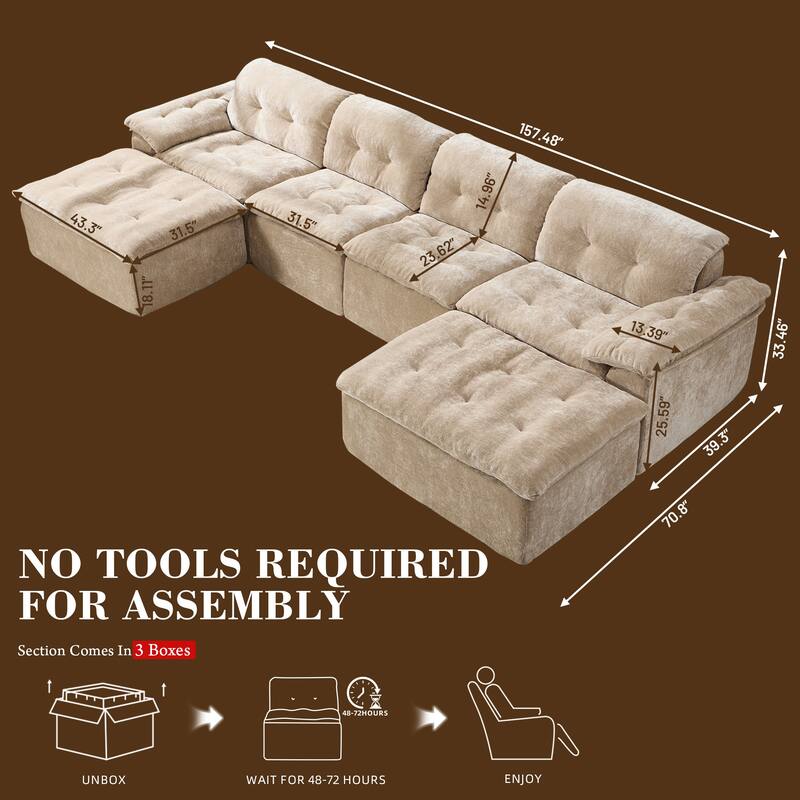 Rossetta 4-Seater Chenille Upholstery Modular Convertible Design Generous Seating Cushioned Sofa with 2 Versatile Ottomans