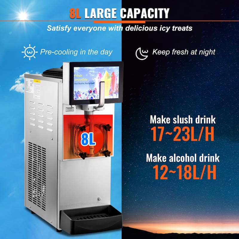 Commercial Slushy Machine, 8L / 2.1 Gal Single Bowl, Cool and Freeze Modes, 1050W Stainless Steel Frozen Drink Maker