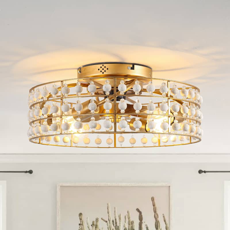18.3 in. Bohemian Wood Bead Gold Ceiling Fan with Light and Remote - 18.31" D x 18.31" W x 7.5" H