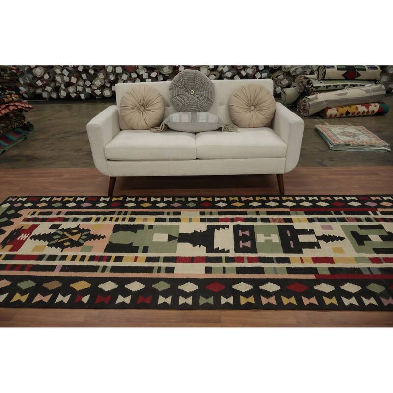 Hand Woven Oriental 100% Wool Carpet Southwestern Tribal Multi-Colored Kilim Runner Rug - 12' 1'' X 4' 1''