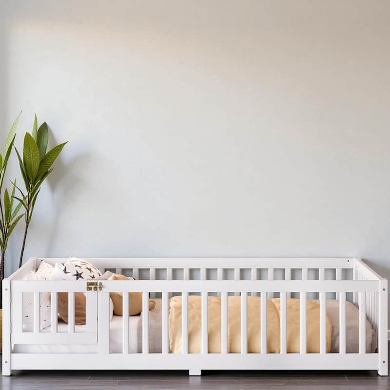 Twin/Full/Queen Size Wood Floor Bed with Door and Guardrails for Kids, Montessori Bed with Removable Slats