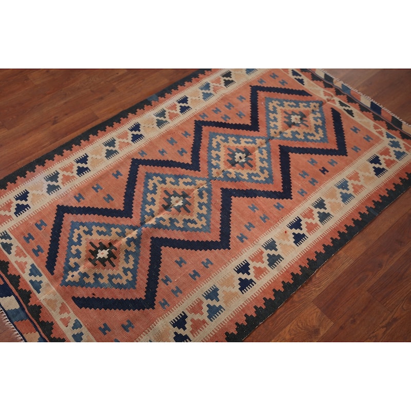 Pink Geometric Kilim Persian Accent Rug Flatweave Wool Carpet - 3'2" X 5'0"