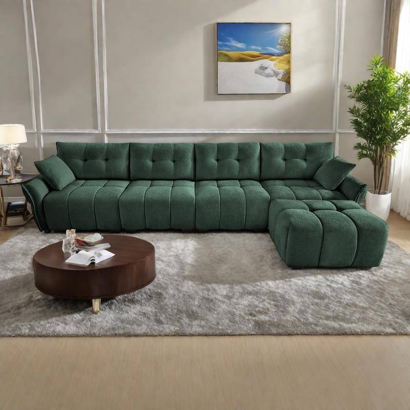 141.7" Chenille Modular 4-Seater Sectional Sofa with Ottoman, Solid Wood Frame and High-Resilience Cushions - Green