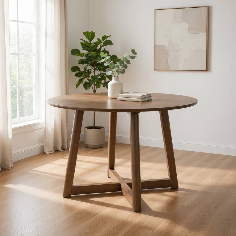 Ellie Dining Table, 47 Inch Round Top, Interlocking Legs, Walnut Brown Wood