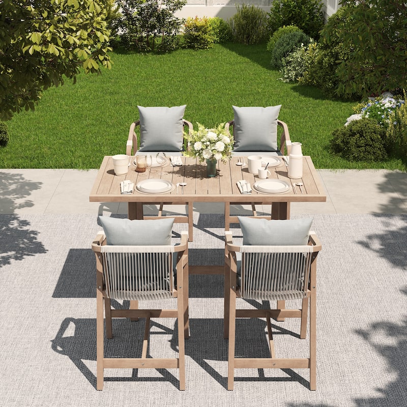Outdoor Rope Dining Chair and Wood Dining Table Set of 5