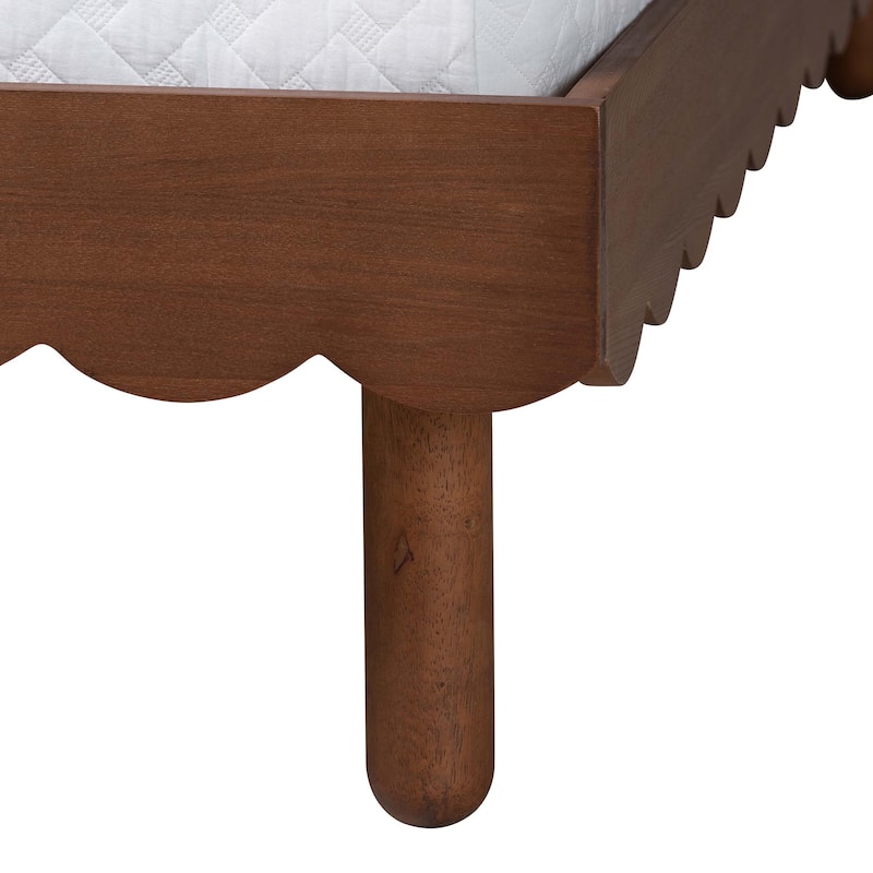 Orianthe Scalloped Platform Bed with Woven Rattan Headboard - Solid Wood Bed Frame with Curved Edge Design, Queen Size