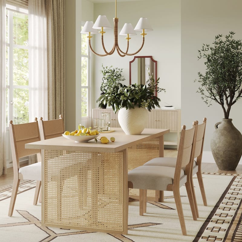 Willow Boho Dining Table for 6 with Solid Wood Legs with Bohemian Rattan Accent - 6-Seater