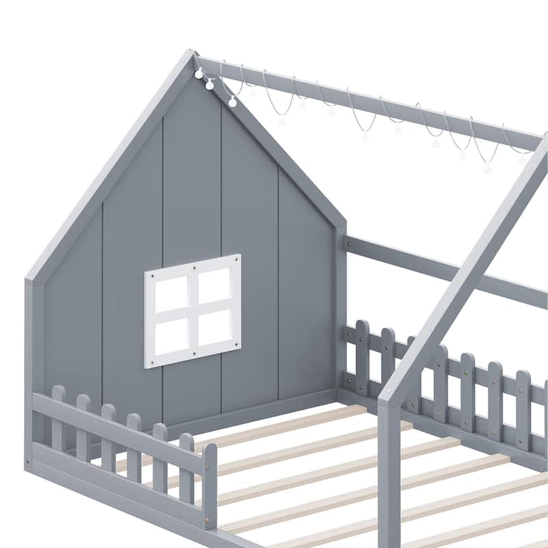 Full Size Wood House Bed with Window and Fence, Gray