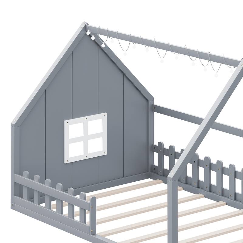 Roomfitters Full Size Wood House Bed with Window and Fence Design