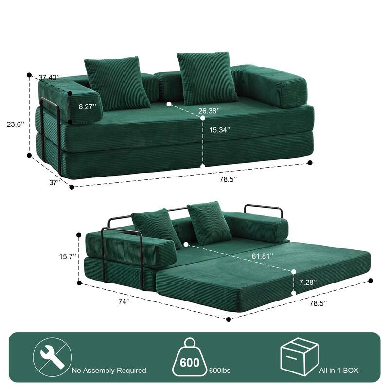 Green Fabric Foldable Futon Sofa Bed Convertible with Corduroy Cover - 78.5” L x 37” W x 23.6” H