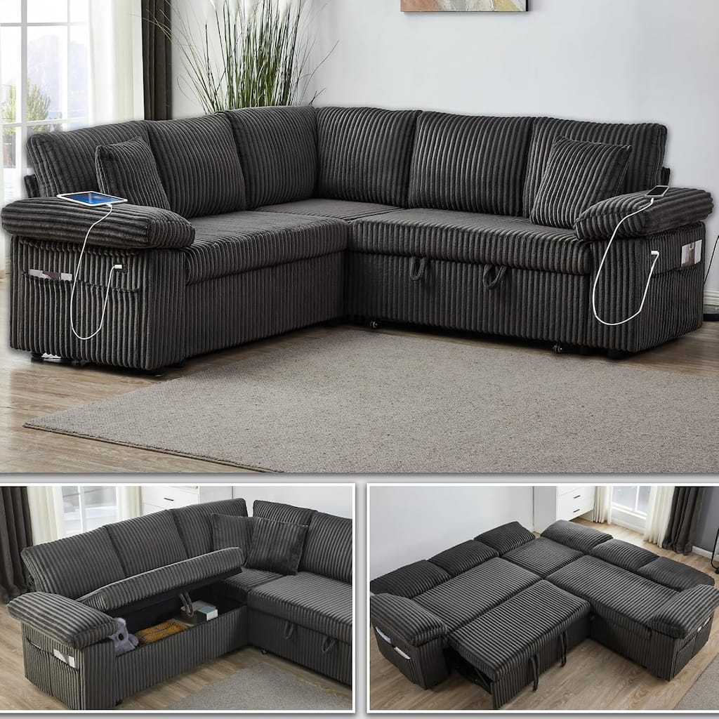 81" Modular Sectional Sofa,L Shaped 5-Seater Sleeper Sofa with Pull Out Bed,Hidden Storage & USB Charging Ports