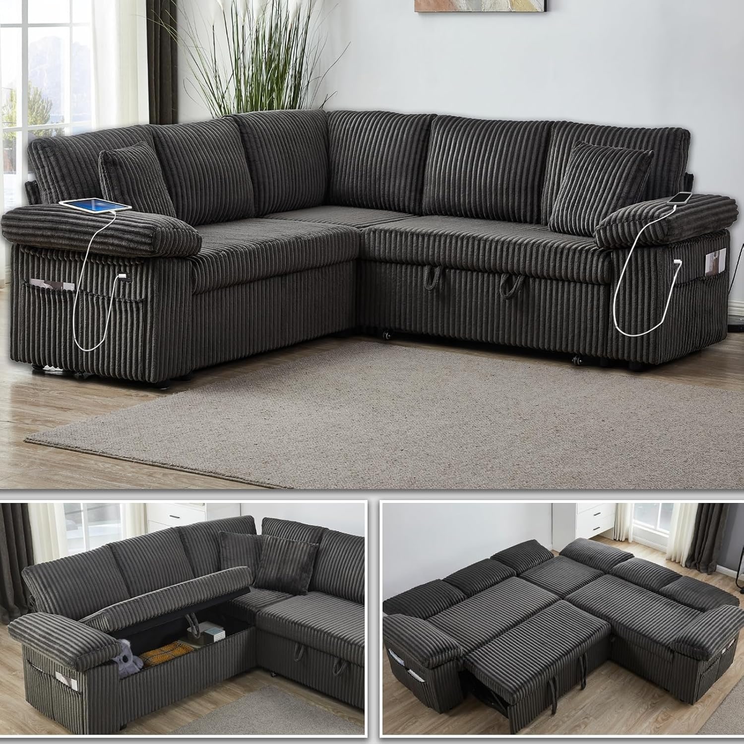 81" Modular Sectional Sofa,L Shaped 5-Seater Sleeper Sofa with Pull Out Bed,Hidden Storage & USB Charging Ports