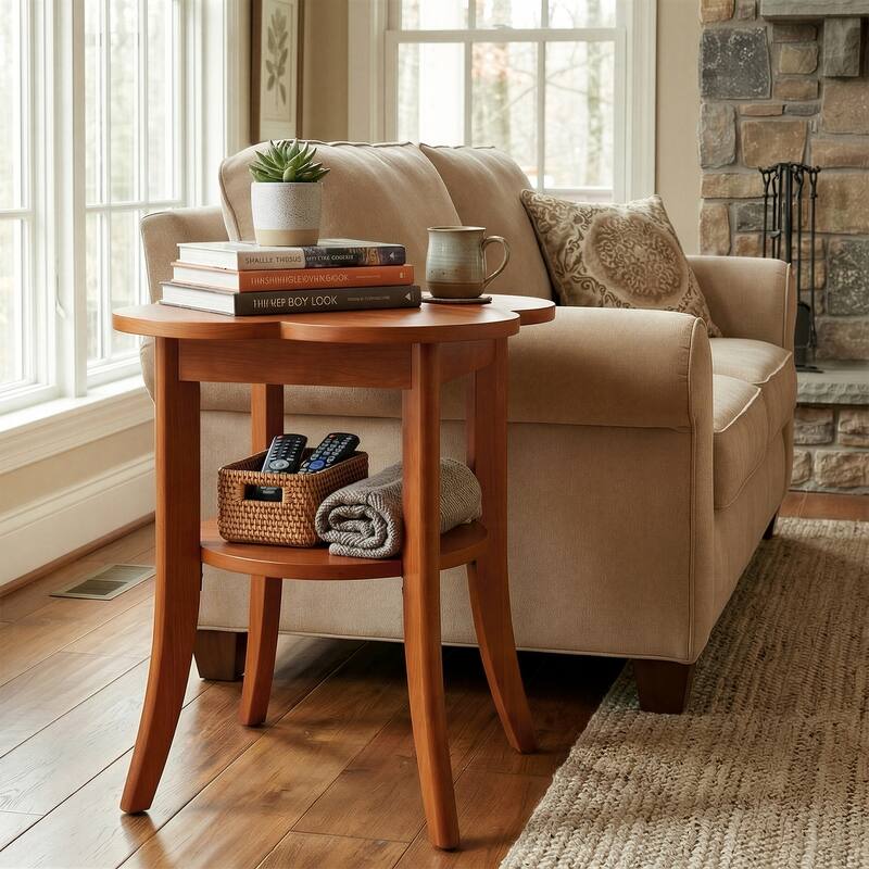 2 Tier Solid Wood End Table, Couch Side Table with Storage Shelf for Living Room / Bedroom