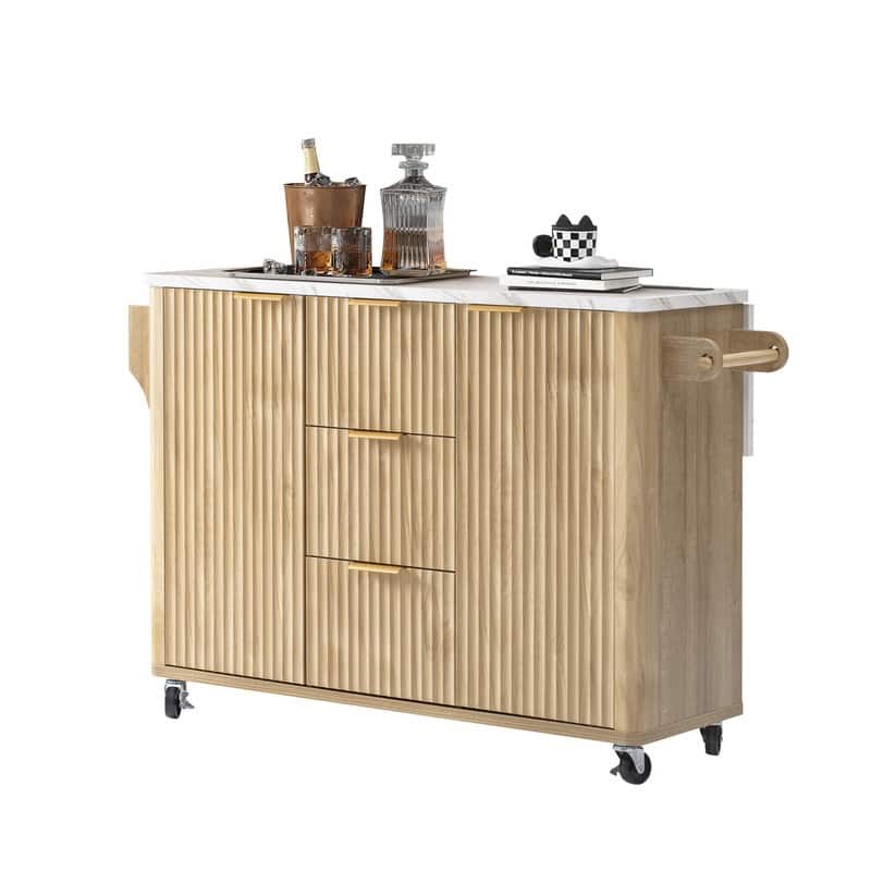 55.5" Fluted Kitchen Island with Drop Leaf and Storage Features Power Outlet and Adjustable Shelves