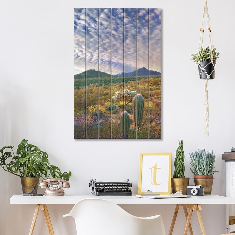 Saguaro And Teddybear Cholla, Arizona Amid Flowering Lupine And California Brittlebush II Print On Wood by Tim Fitzharris