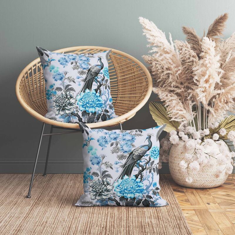 Peacock Panache Indoor/Outdoor Reversible Throw Pillow Blue and Grey