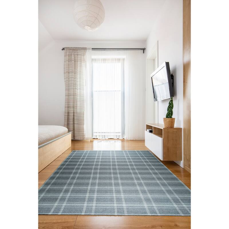Home Decor Gray Hand-Knotted Wool Reversible Plaid Rug by EORC Stylish and Versatile Area Rug for Adding a Touch of Classic