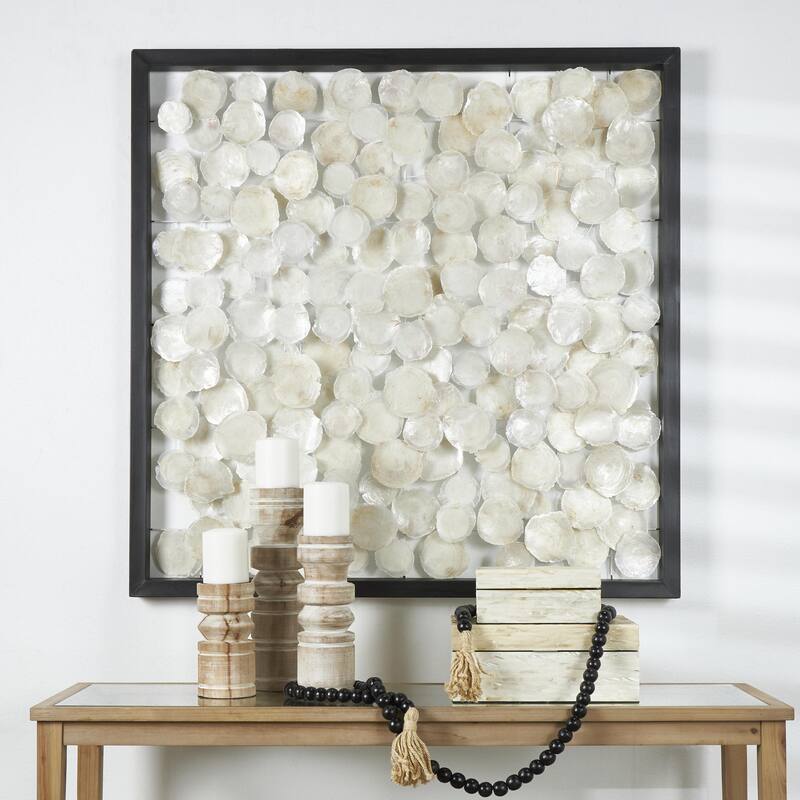 Capiz Shell Geometric Handmade Dimensional Overlapping Living Room Wall Decor with Black Metal Frame - White - Roche River Decor