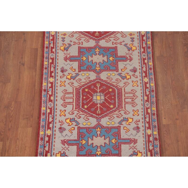 Geometric Grey Kazak Oriental Runner Rug Handmade Wool Carpet - 2'6"x 8'2"