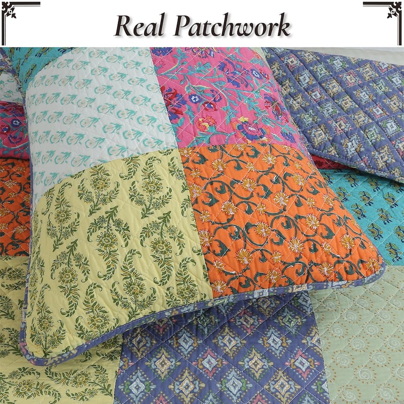 Cozy Line Bright Bold Multi Color Boho Floral Patchwork 3 Piece Cotton Quilt Bedding Set