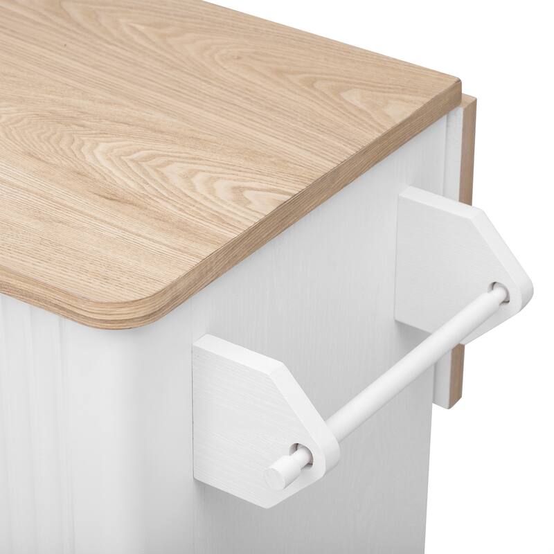 51.30'' Fluted Kitchen Island with Drop Leaf, Rolling Wheels, Internal Storage Rack, and Towel Rack - 51.3'' x 29.5'' x 36.4''