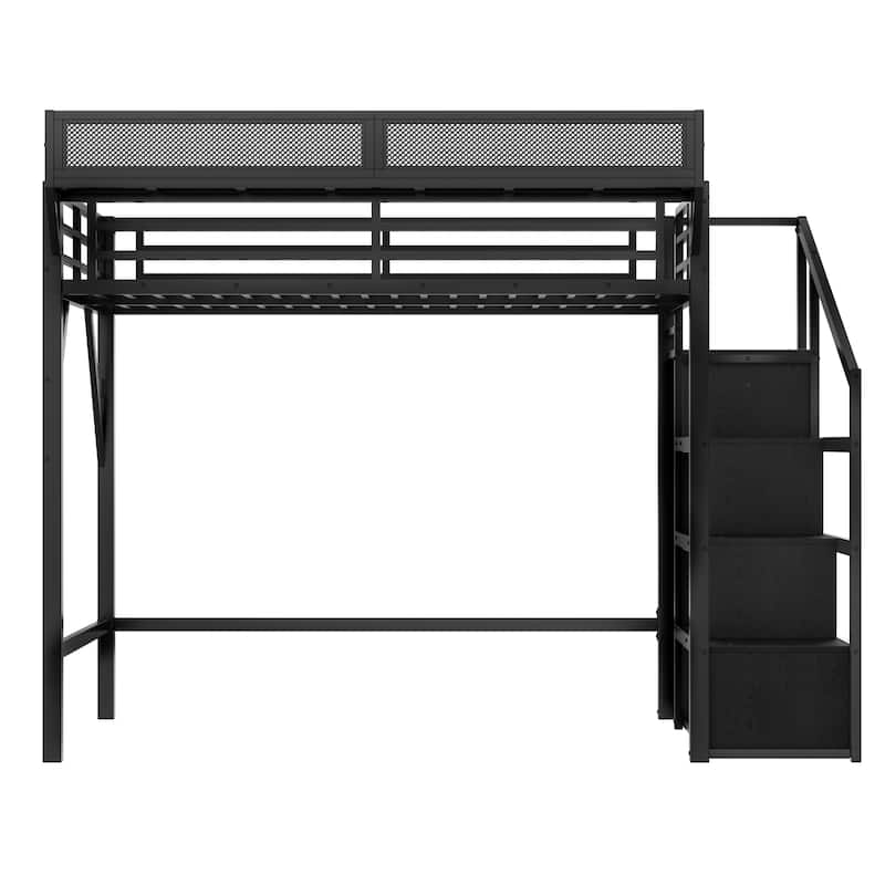 Queen Loft Bed with Storage Stairs, Shelves and Built-in Wardrobe, Metal Loft Bed Frame with USB Ports and LED Lights