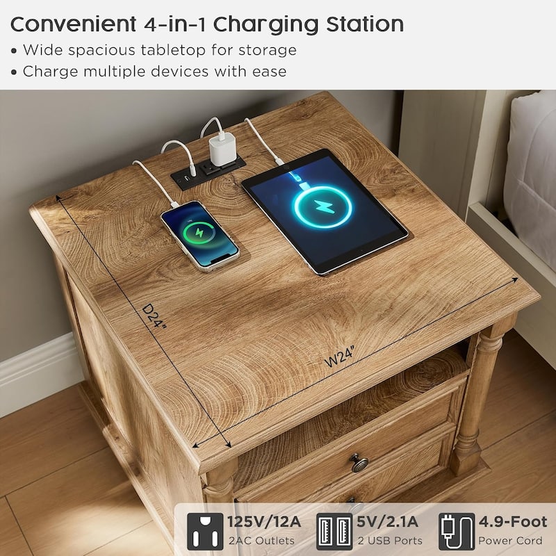 Farmhouse End Table, Sofa Side Table with Charging Station, Nightstand