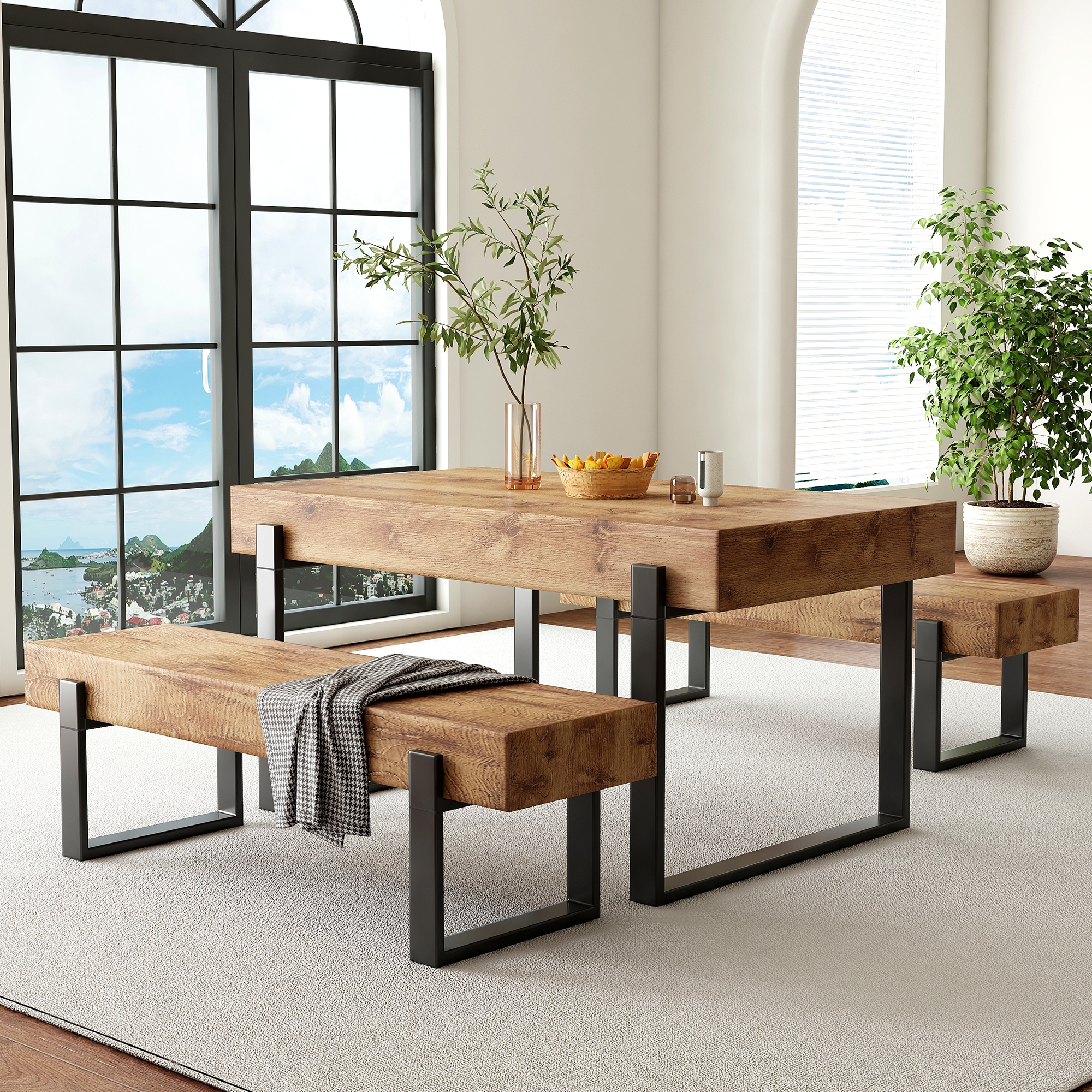 3 Piece Dining Table Set for 4 People 59 Kitchen Table Set with 2 Bench Dining Room Table with Heavy Duty Frame