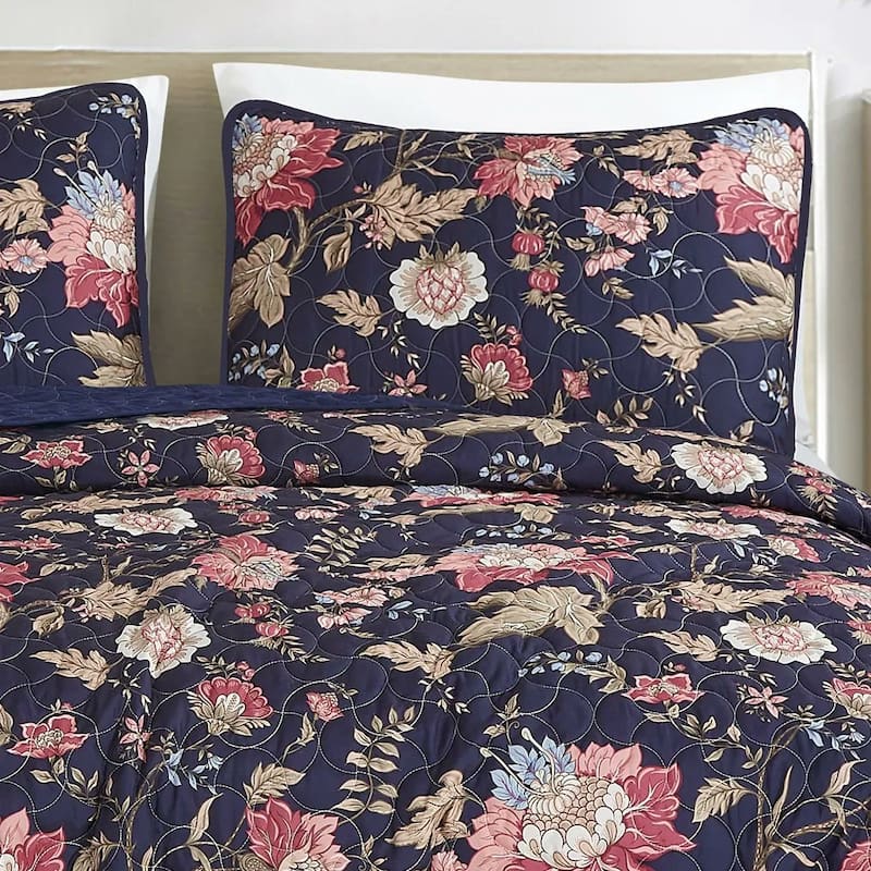 3 Piece Blue Floral Geometric Reversible Quilt Coverlet Bedspread Bedding Set