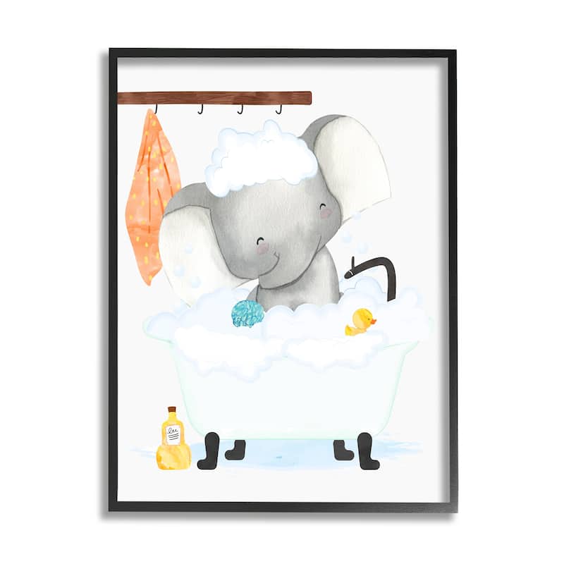 Stupell Children's Baby Elephant Bubble Bath Rubber Duck Bathroom Framed Wall Art - White