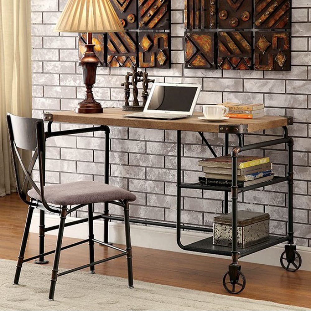 Industrial Wood and Metal Desk with 2 Shelves Brown - Benzara