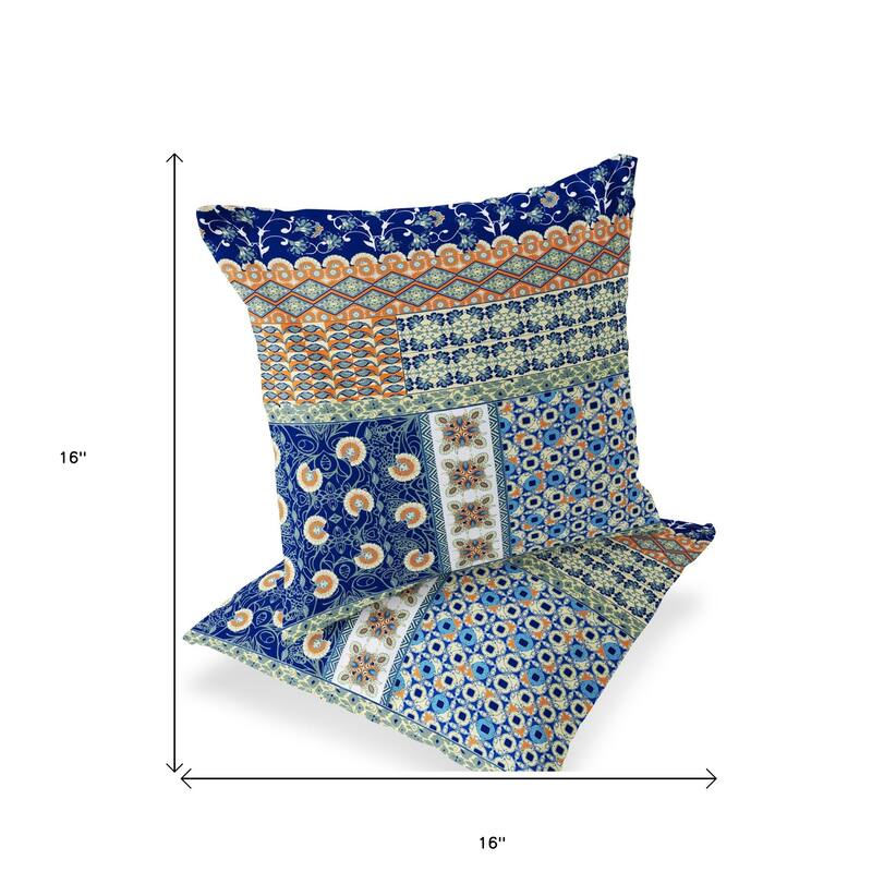 HomeRoots Set of Two 16" X 16" Blue and Orange Blown Seam Floral Indoor Outdoor Throw Pillow - 16.00' X '16.00' X '5.00