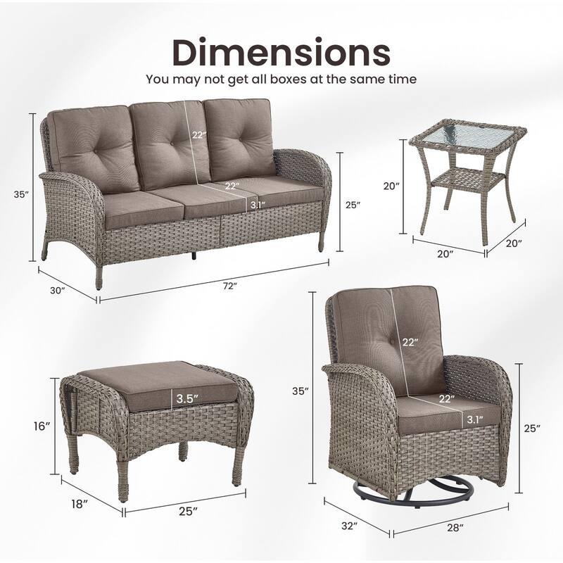 Gymojoy 6-Piece Outdoor Wicker Patio Furniture with 3 Seat Sofa & Swivel Chair, Coversation Set with Water Resistant Cushions