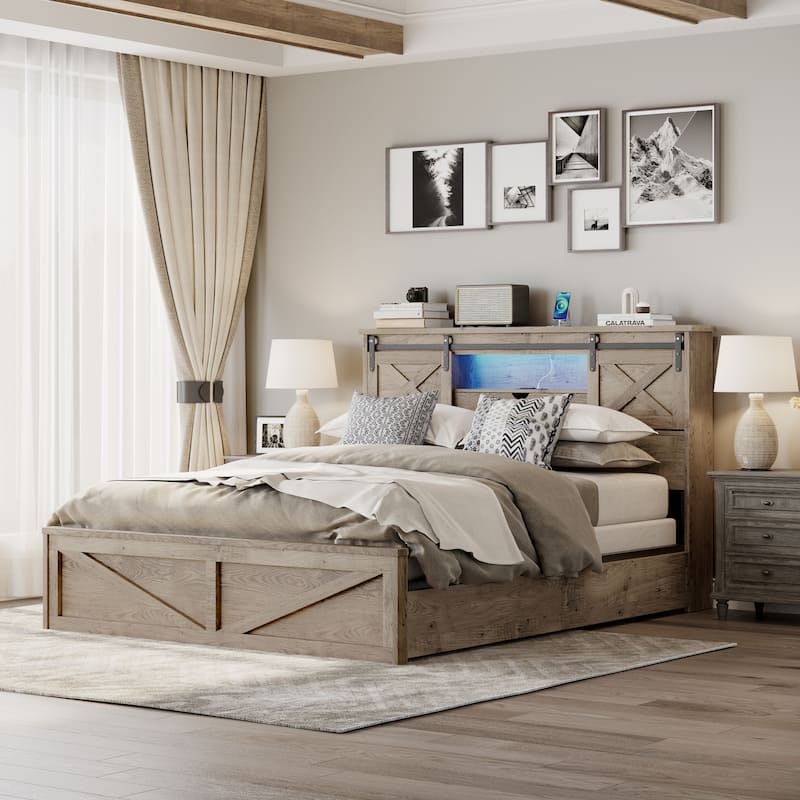 Queen Size Platform Bed with LED Headboard And Charging Station , Barn Door Design, App-Controlled RGB Lights - Grey